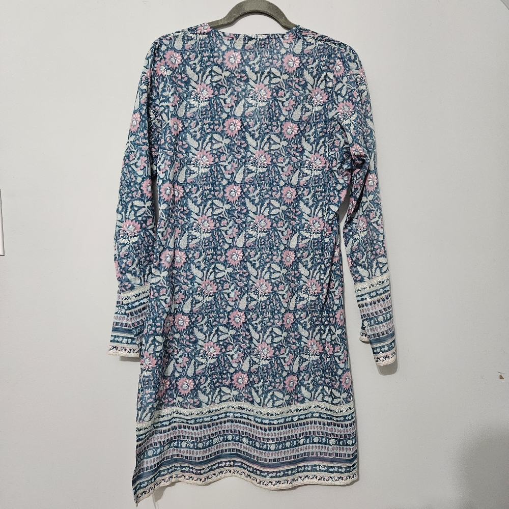 Anthropologie Cotton Silk Floral Tunic Dress Blue Pink Medium Sustainable Dainty - Picture 7 of 15